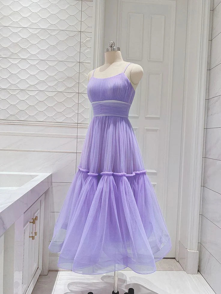 Robe de bal trapèze simple en tulle, longueur thé, bretelles spaghetti