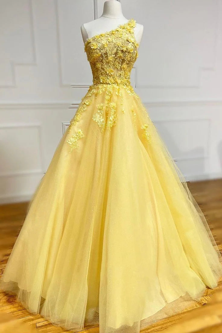 Robe de soirée trapèze longue en tulle et dentelle à une épaule