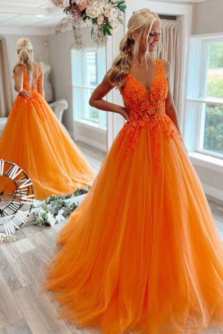 Gorgeous V-Neck Floral Tulle Long Prom Dress