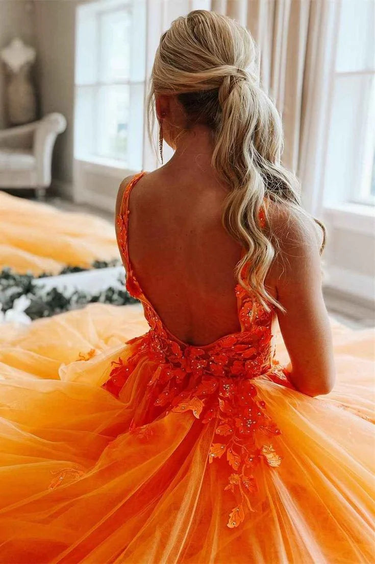 Gorgeous V-Neck Floral Tulle Long Prom Dress