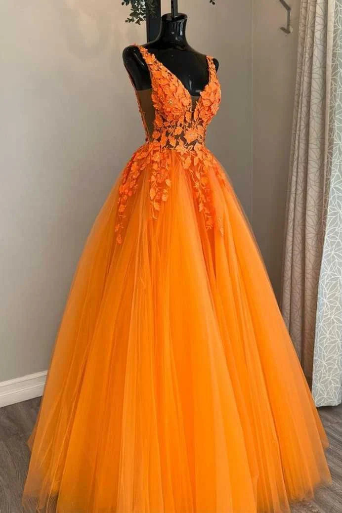 Gorgeous V-Neck Floral Tulle Long Prom Dress