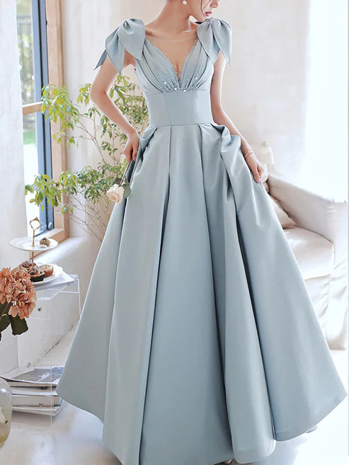 V Neck Satin Beads Long Prom Dress
