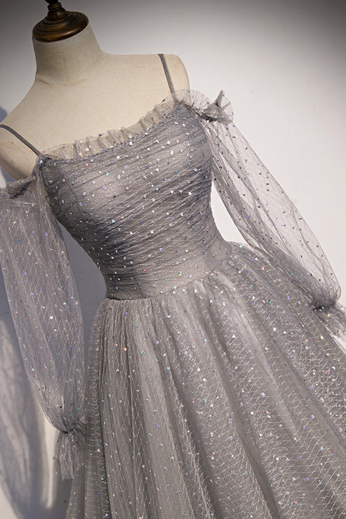 A-line Tulle Sequins Long Prom Dress
