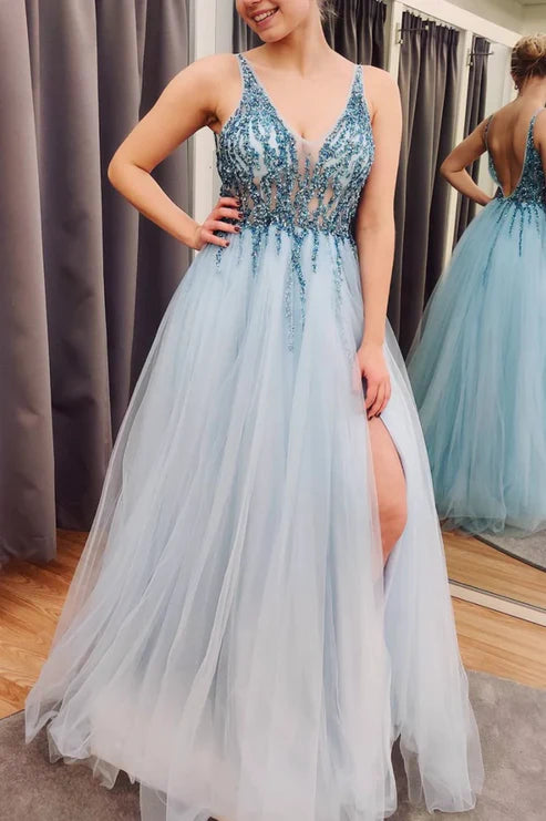 Robe de bal trapèze en tulle dos nu avec fente
