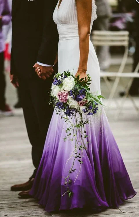 Off Sleeves Backless A-line V neck Gradient Prom Dress