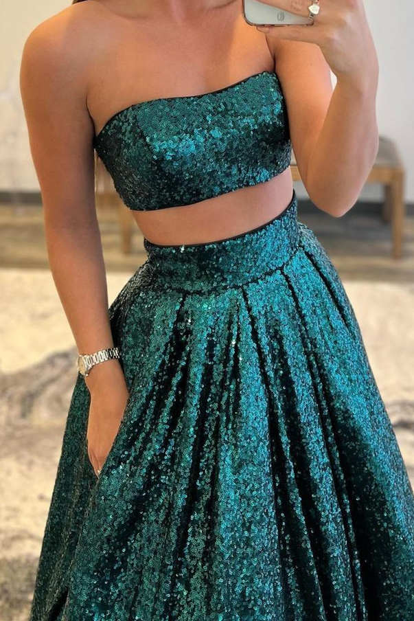 Vestido de fiesta de dos piezas con lentejuelas y bolsillos, corte A