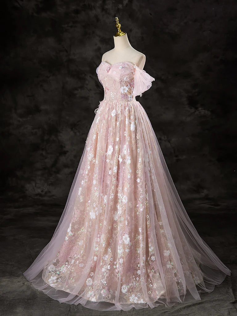 Robe de bal trapèze en tulle et dentelle à épaules dénudées