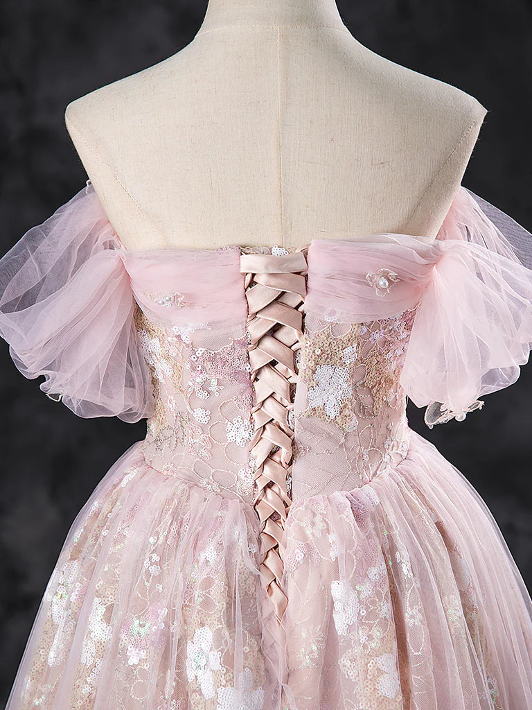 Robe de bal trapèze en tulle et dentelle à épaules dénudées