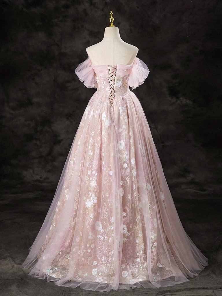 Robe de bal trapèze en tulle et dentelle à épaules dénudées
