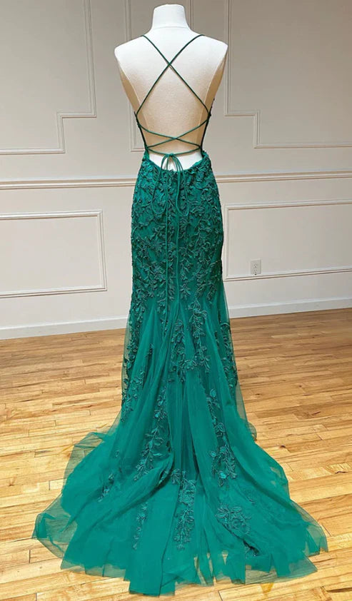 Vestidos de fiesta de encaje de sirena con espalda abierta