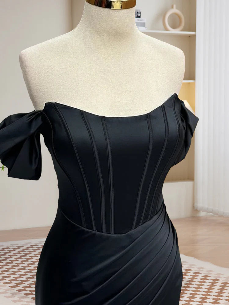 Vestido de fiesta de sirena de satén con hombros descubiertos y corte A