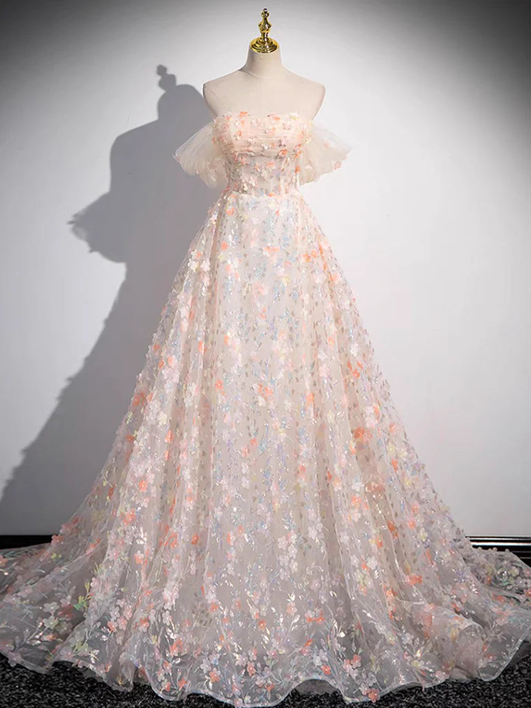 Robe de bal trapèze en tulle et dentelle à épaules dénudées avec traîne