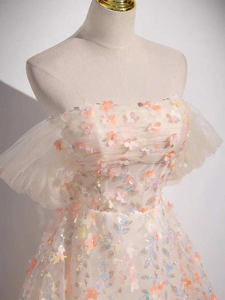 Robe de bal trapèze en tulle et dentelle à épaules dénudées avec traîne
