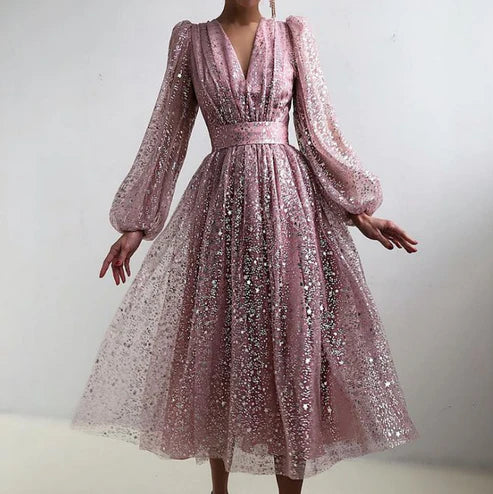 Robe de bal slim à manches longues et col en V, taille haute