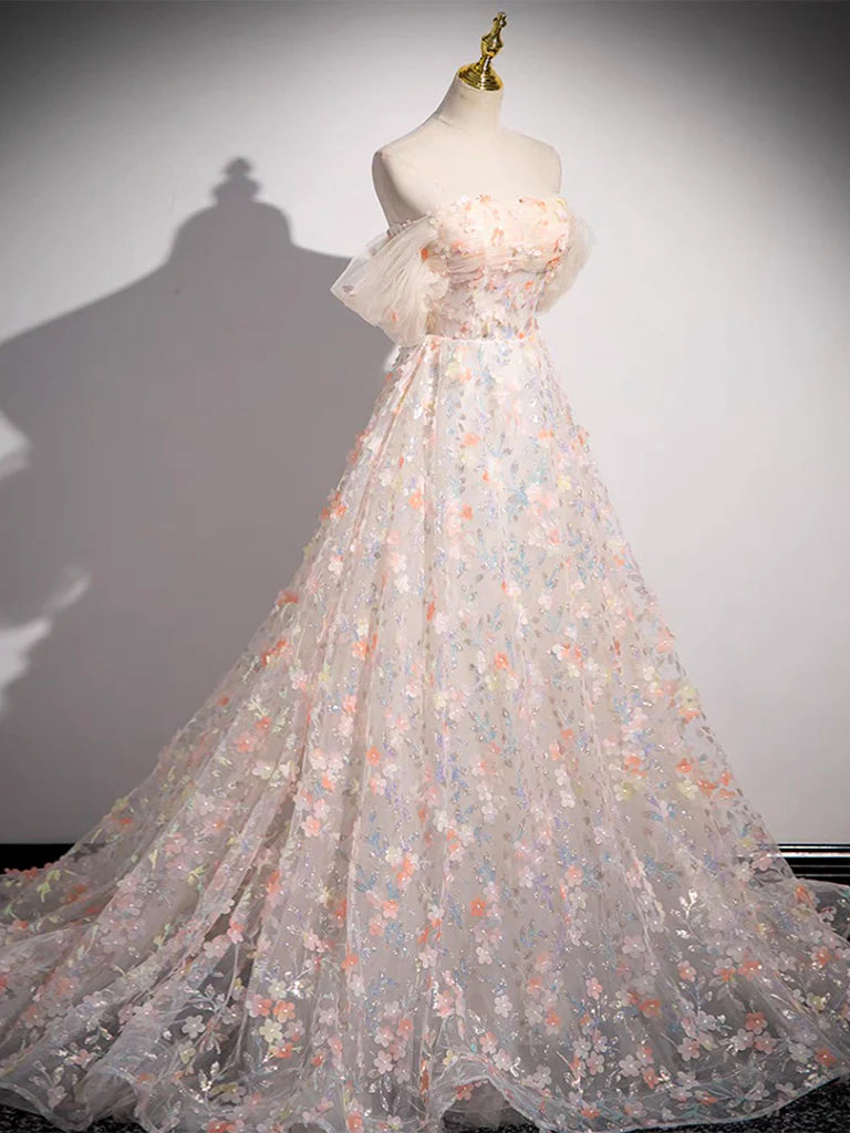 Robe de bal trapèze en tulle et dentelle à épaules dénudées avec traîne