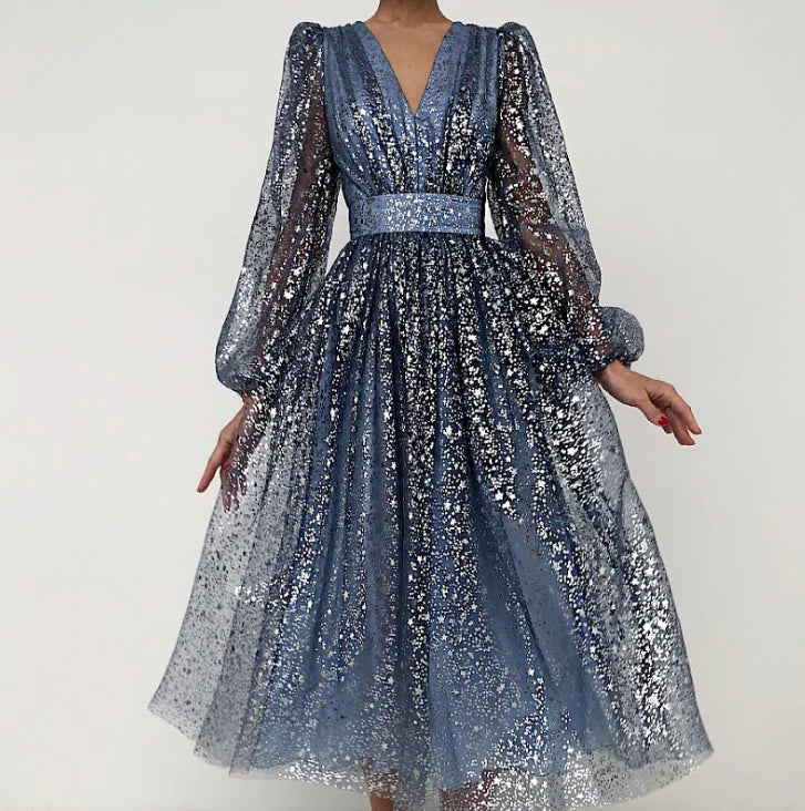 Robe de bal slim à manches longues et col en V, taille haute