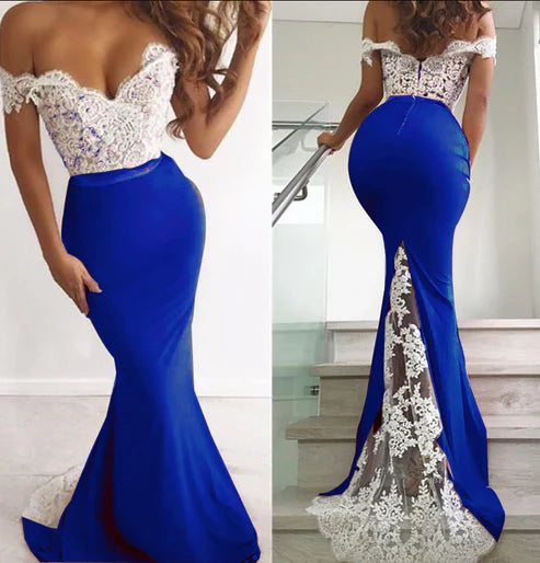 Vestido de fiesta de sirena con espalda descubierta y hombros descubiertos 