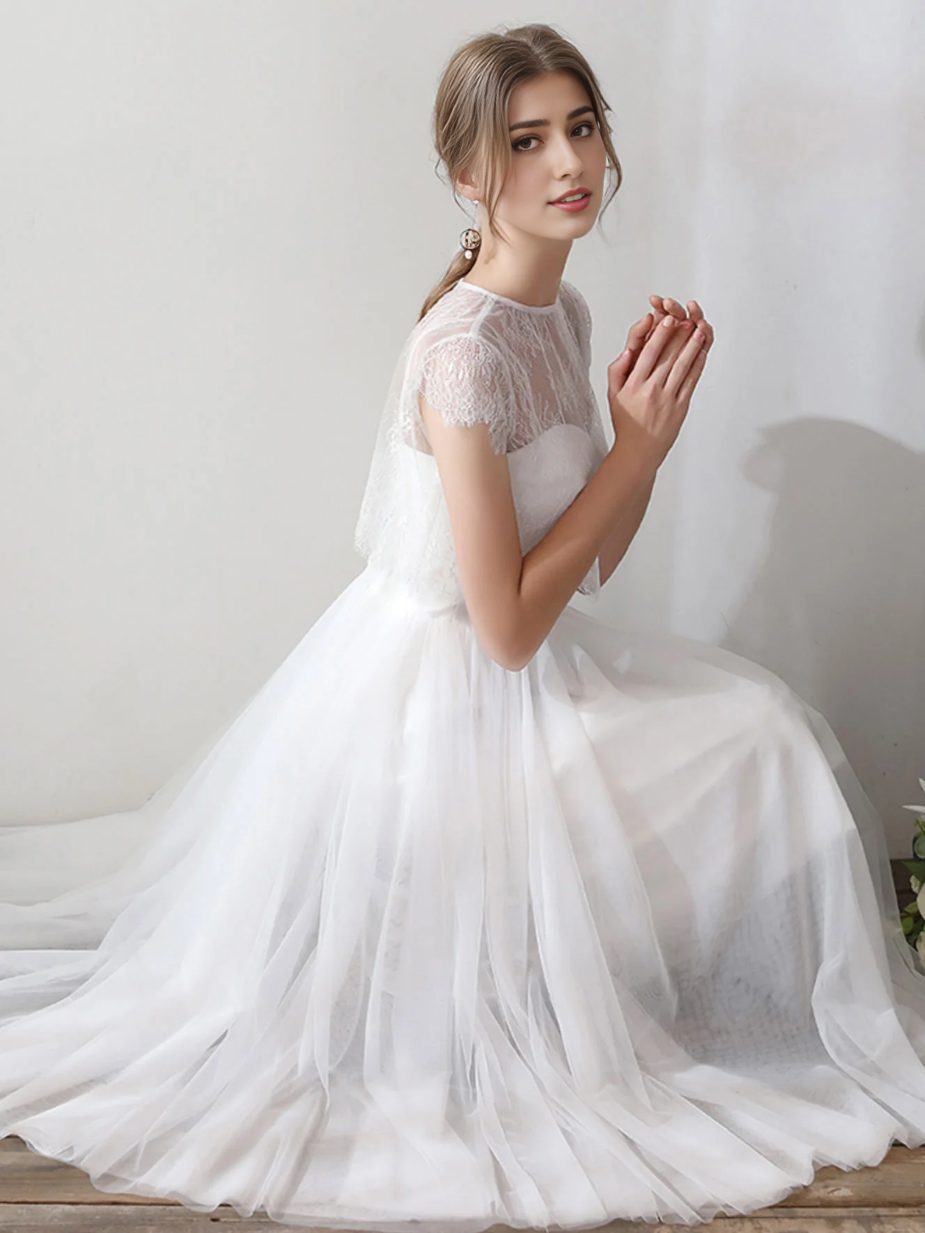 Robe de bal deux pièces en dentelle et tulle à bretelles spaghetti 