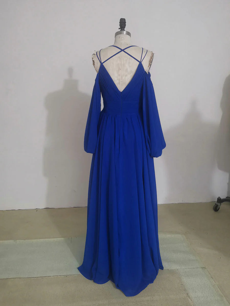 Robe de bal trapèze à bretelles spaghetti et manches longues 