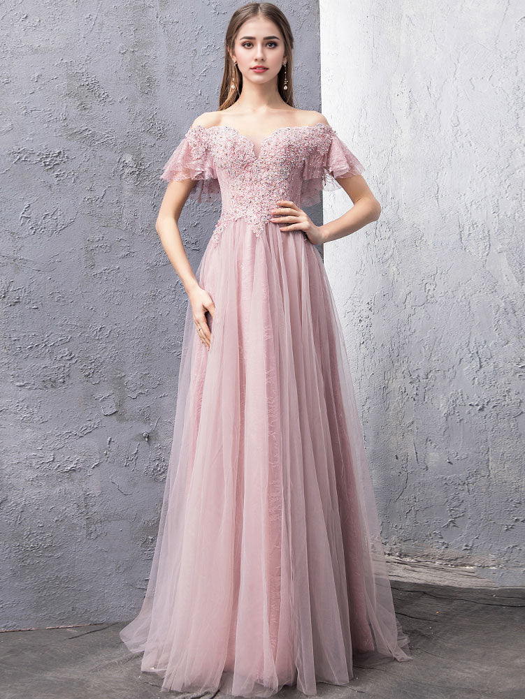 Robe de bal longue en tulle et dentelle à épaules dénudées