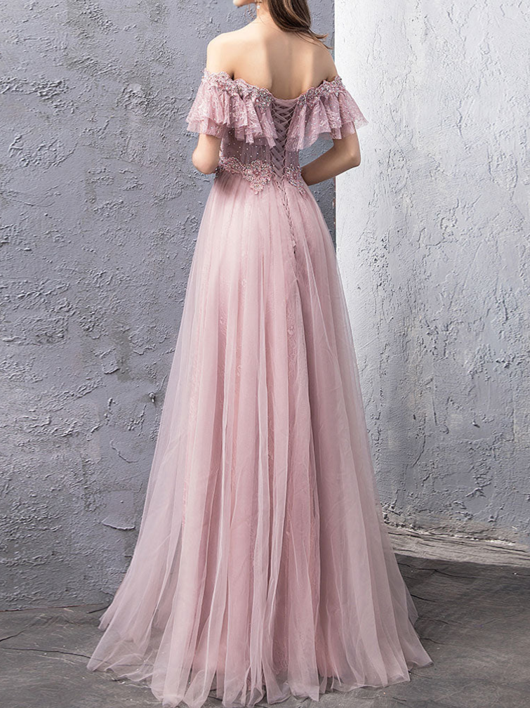 Robe de bal longue en tulle et dentelle à épaules dénudées