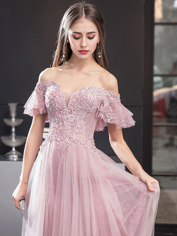 Tulle Lace Off Shoulder Floor Length Prom Dress
