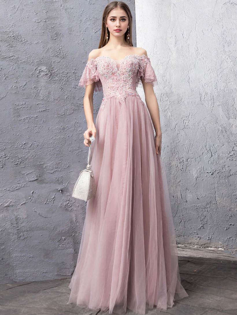 Tulle Lace Off Shoulder Floor Length Prom Dress