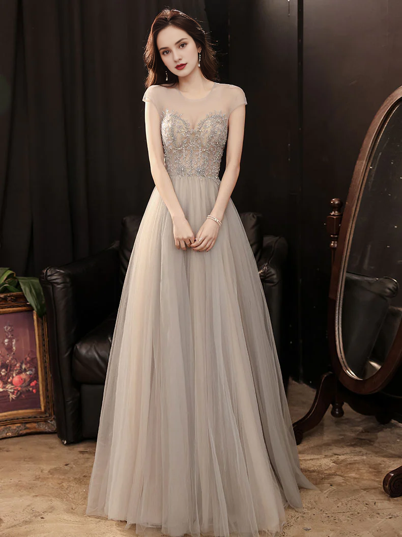 Round Neck Tulle Beads Backless Floor Length Prom Dress