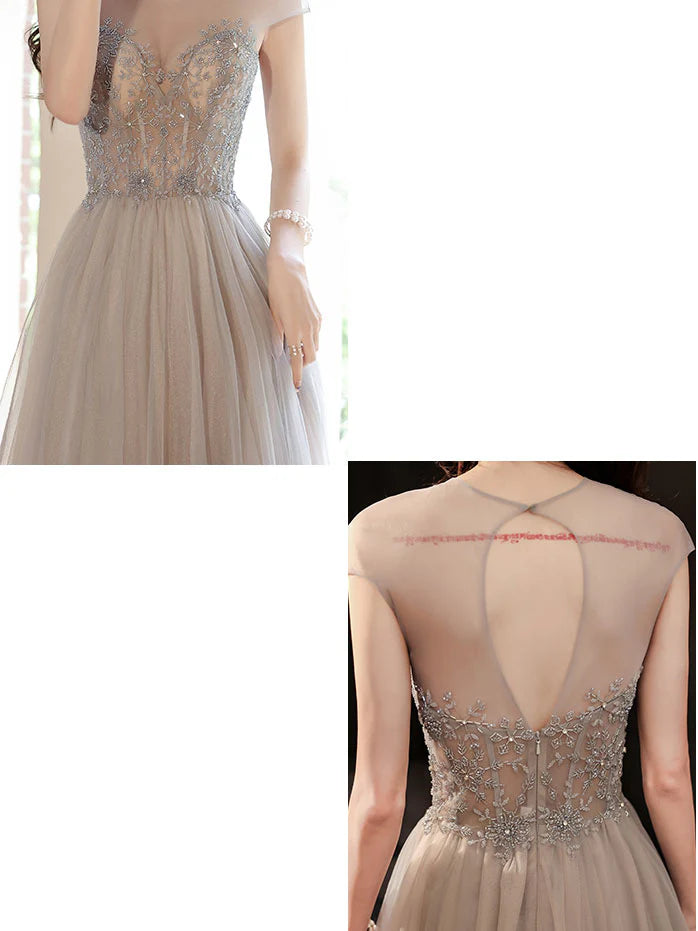 Round Neck Tulle Beads Backless Floor Length Prom Dress