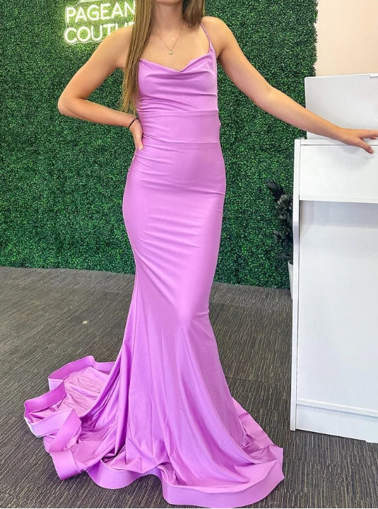 Cowl Neck Lace-Up Trumpet Prom Dress With Maix Open Back