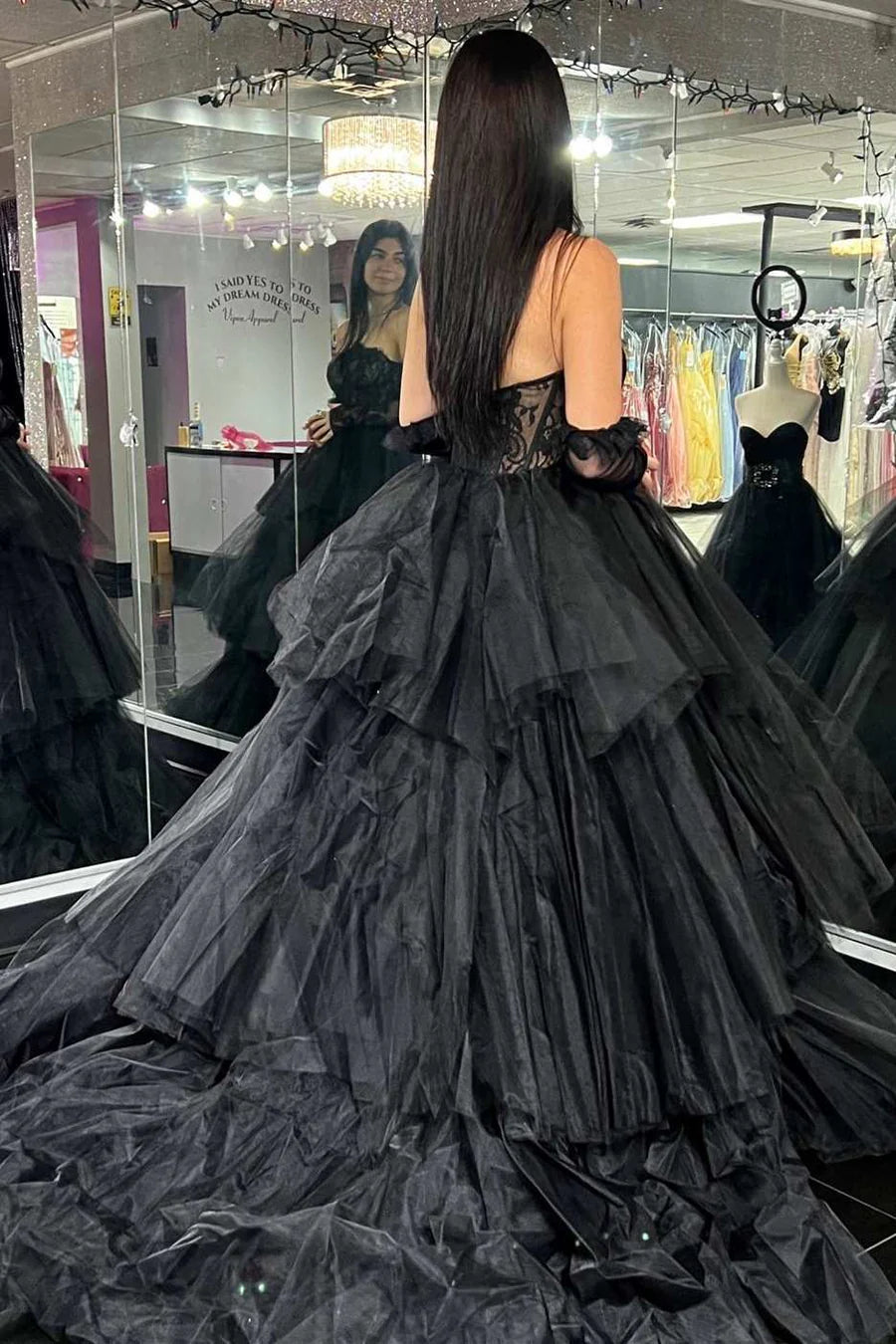Off-the-Shoulder Lace Strapless Multi-Tiered Prom Dress With Train