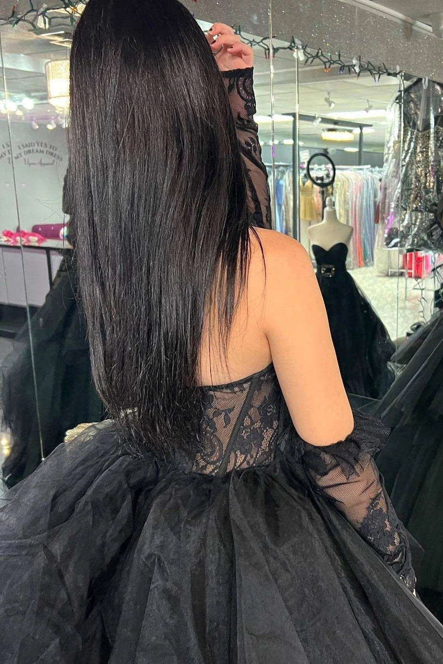 Off-the-Shoulder Lace Strapless Multi-Tiered Prom Dress With Train