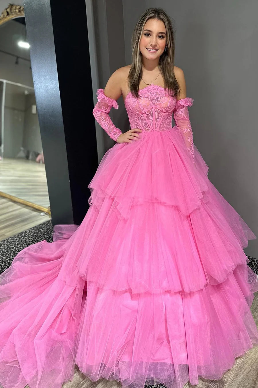 Off-the-Shoulder Lace Strapless Multi-Tiered Prom Dress With Train