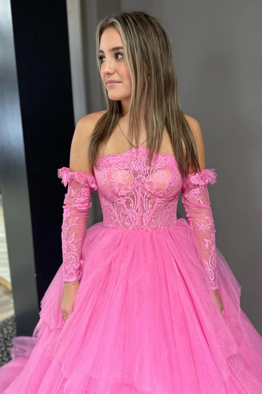 Off-the-Shoulder Lace Strapless Multi-Tiered Prom Dress With Train