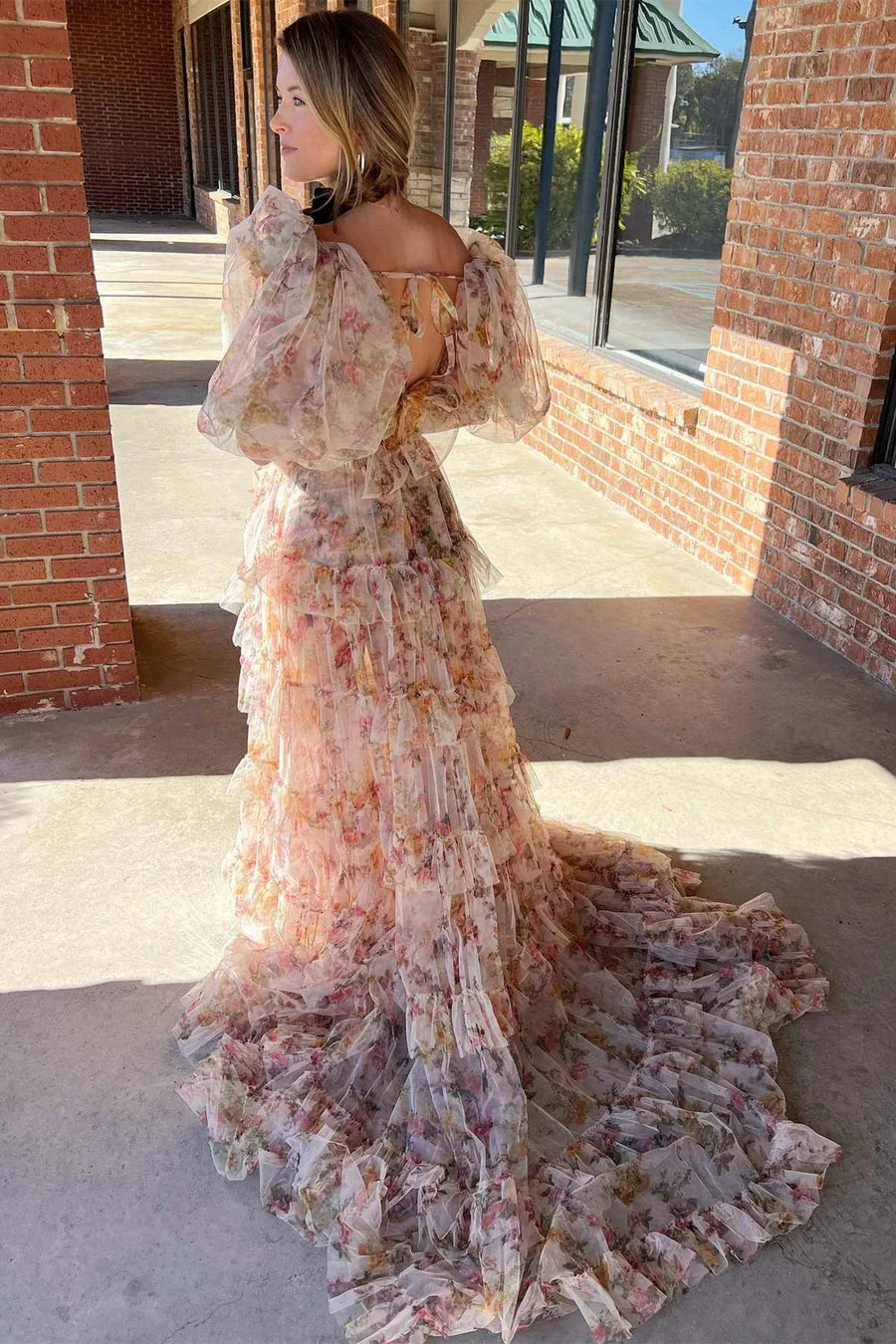 Two-Piece Floral Print Split Neck Puff Sleeve Prom Dress
