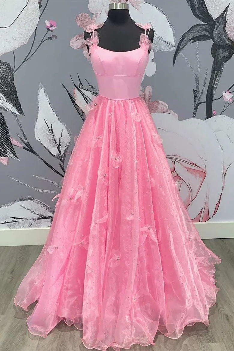 Robe de bal trapèze en dentelle florale 3D à col rond