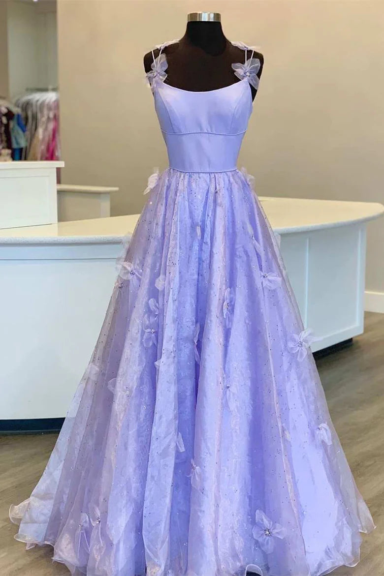 Robe de bal trapèze en dentelle florale 3D à col rond