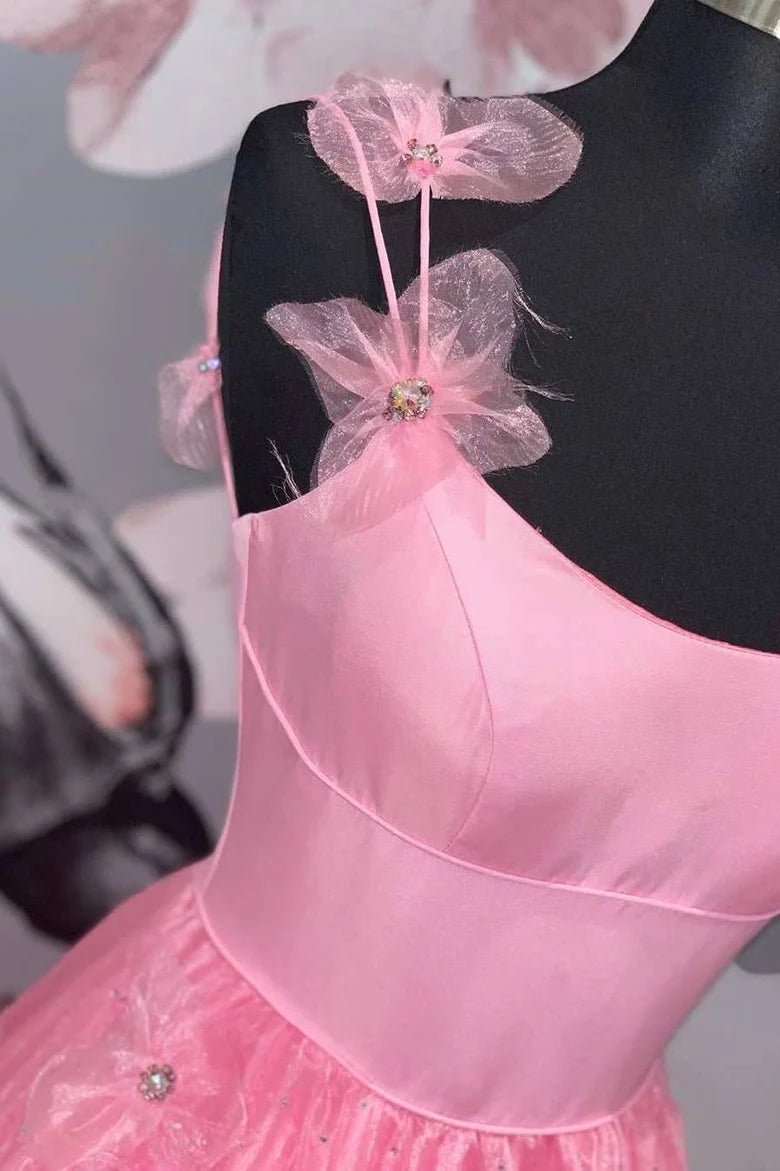 Robe de bal trapèze en dentelle florale 3D à col rond
