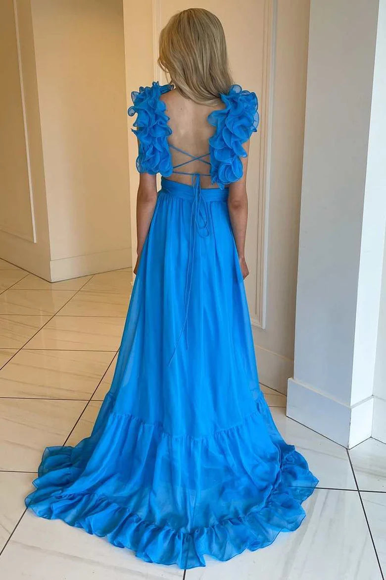 Robe de bal trapèze en mousseline de soie à lacets et à volants avec ceinture