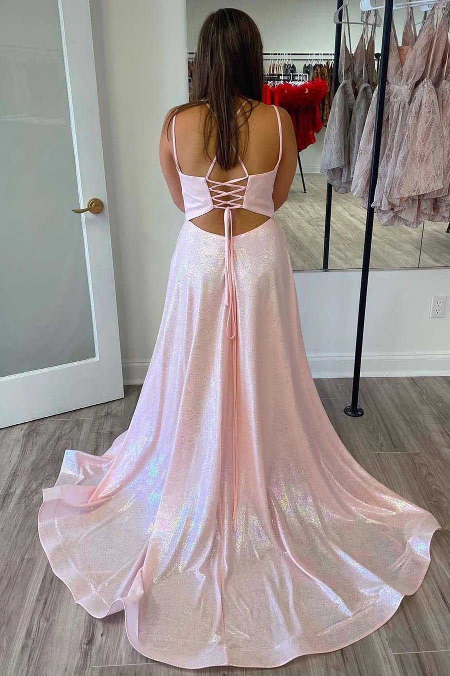 V-Neck Lace-Up Back Prom Dress