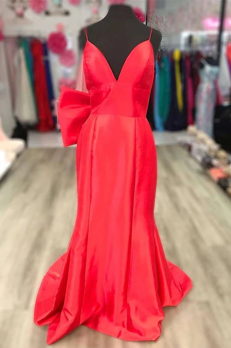 Vestido de fiesta de sirena con escote en V y lazo en la espalda