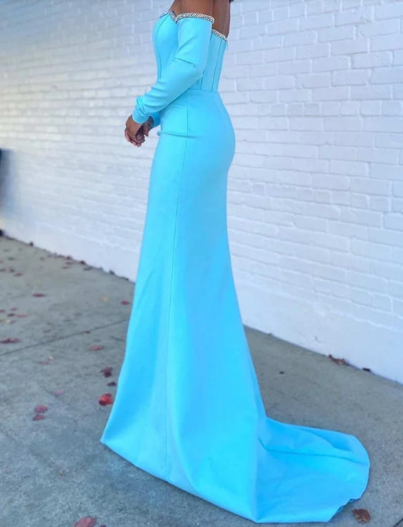 Vestido de fiesta de sirena con mangas y hombros descubiertos