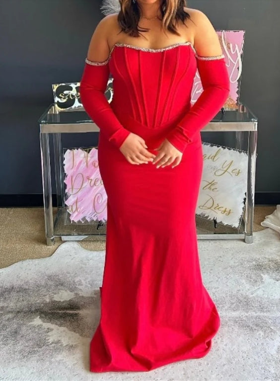 Vestido de fiesta de sirena con mangas y hombros descubiertos