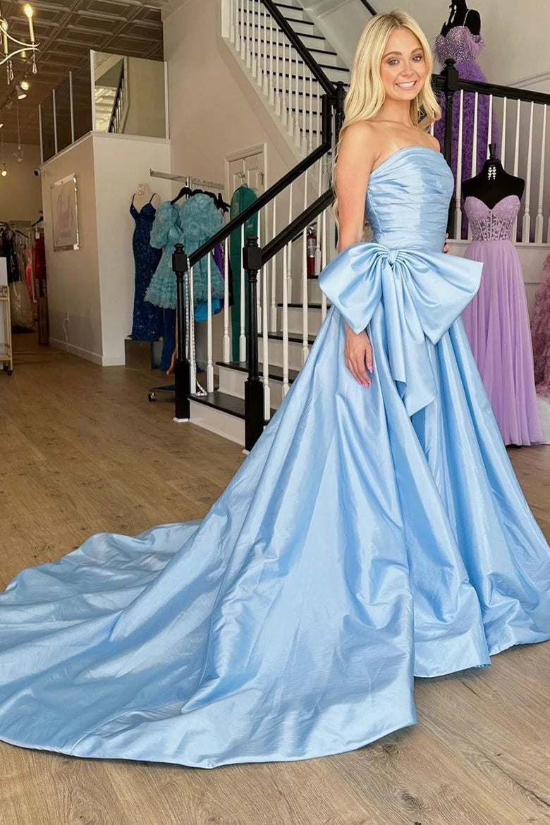 Robe de bal trapèze à épaules dénudées, sans bretelles, fendue, avec nœud et traîne