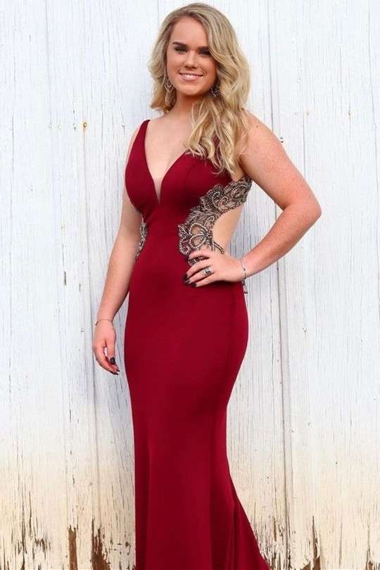 Vestido de fiesta de sirena con escote en V, espalda descubierta y apliques