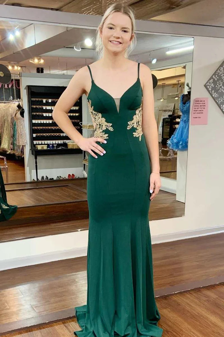 Vestido de fiesta de sirena con escote en V, espalda descubierta y apliques