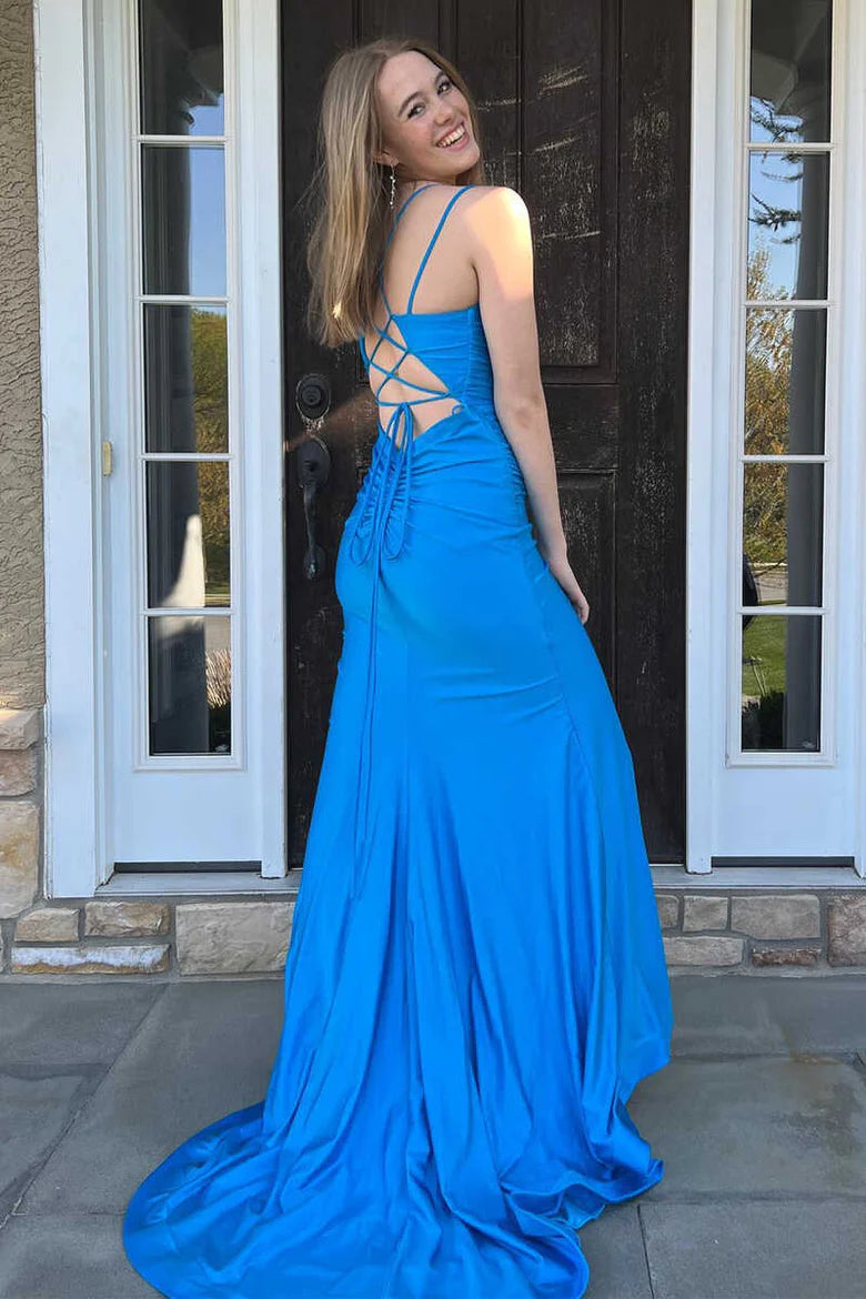 Vestido de fiesta de sirena con tirantes y cordones