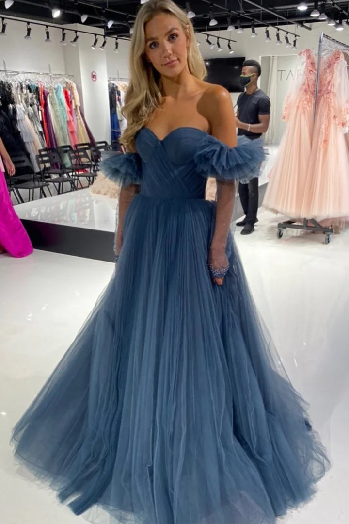 Princess Tulle Sweetheart Long Prom Dress with Detachable Sleeves
