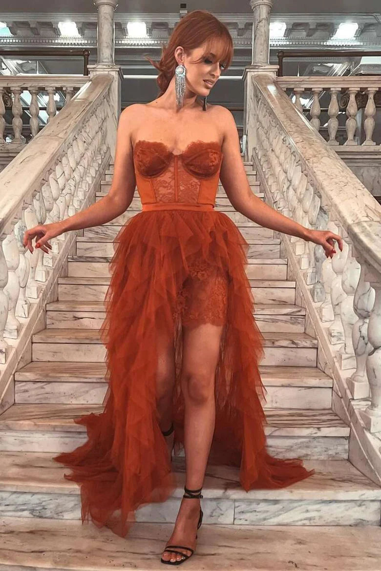 Off-the-Shoulder Bustier Lace Tiered Multi Layer Prom Dress with Slit