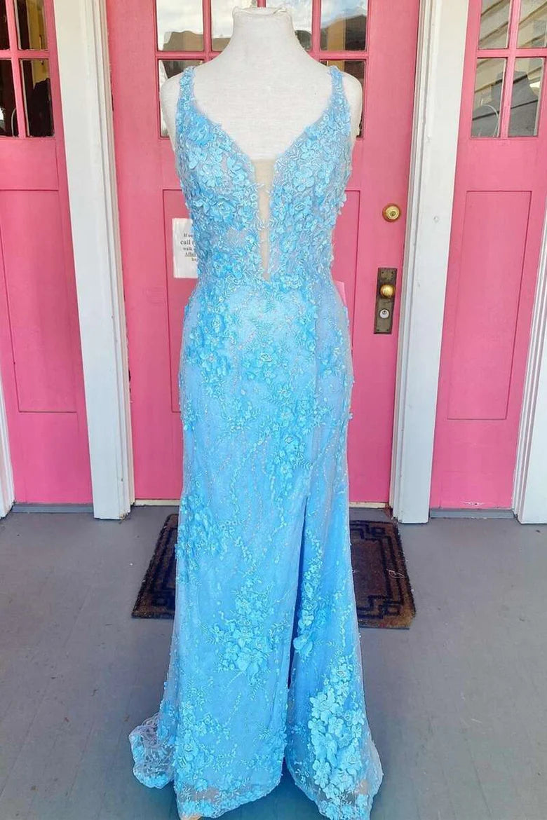 Deep V Neck 3D Floral Lace Lace-Up Back Prom Dress With Slit